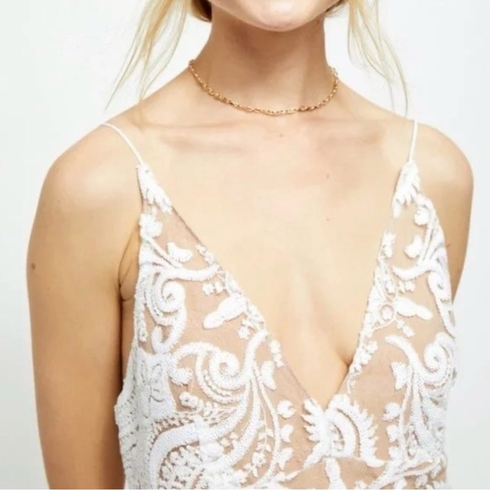 Free People Night Shimmers Lace Sequined Mini Dress Ivory/Tan NWT - Picture 3 of 8